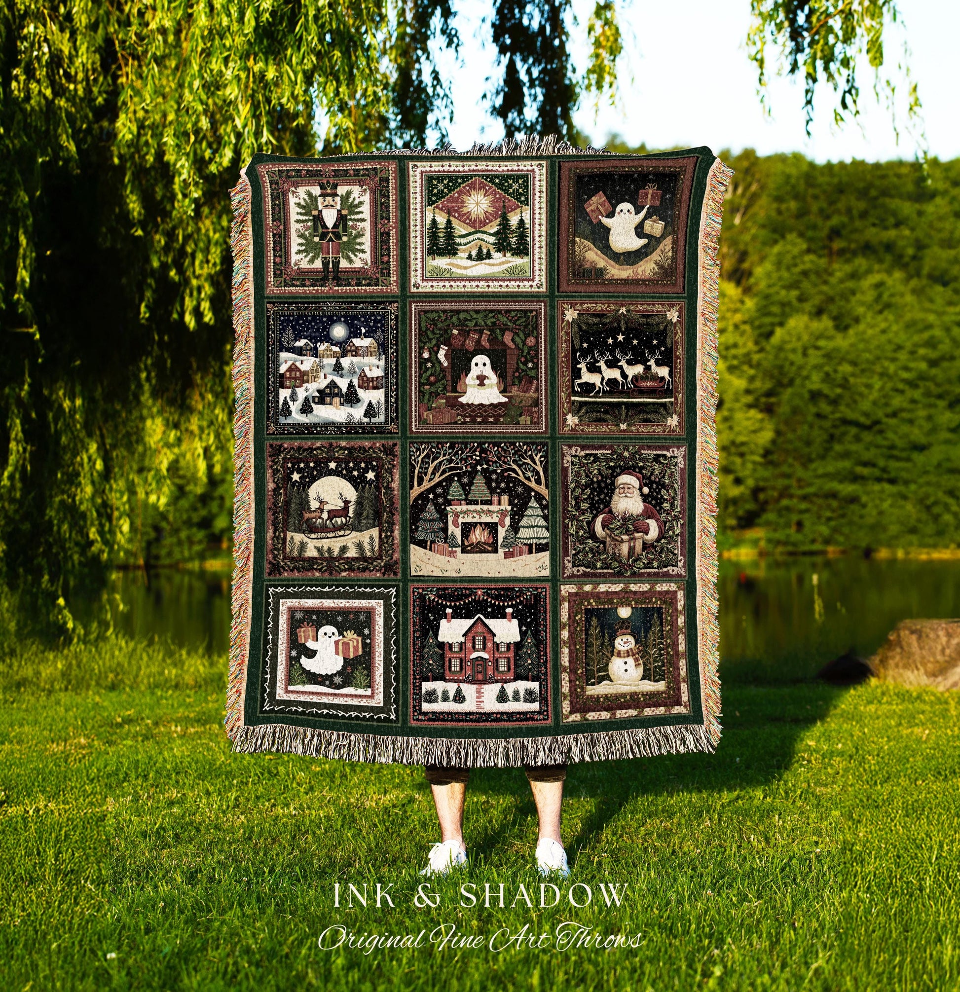 Enchanted Ghostly Holiday Blanket | Cozy Gothmas Jacquard Woven Throw Whimsigoth Scandi Winter Christmas Seasonal Cottagecore Festive Gift
