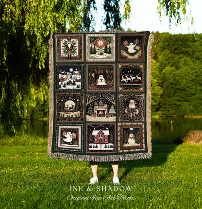 Enchanted Ghostly Holiday Blanket | Cozy Gothmas Jacquard Woven Throw Whimsigoth Scandi Winter Christmas Seasonal Cottagecore Festive Gift