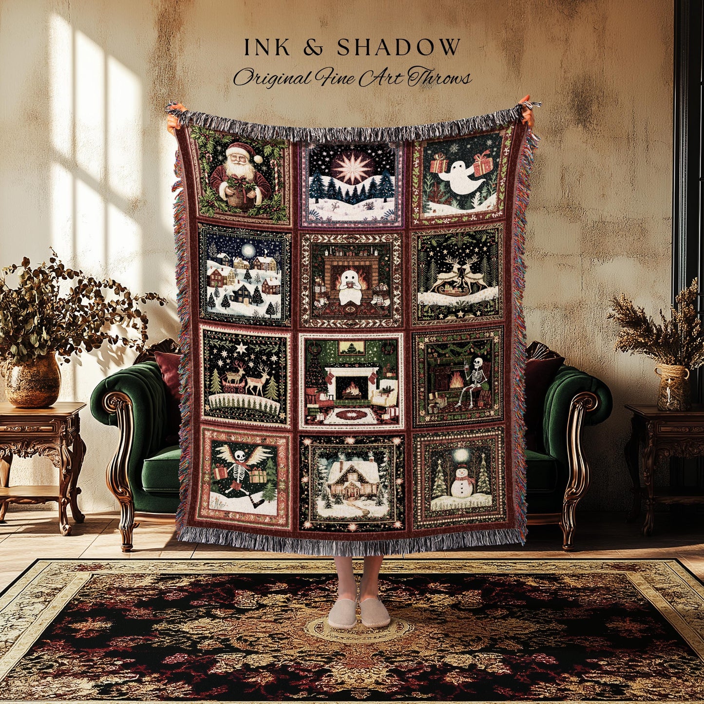Winter Whimsy Ghost Wall Tapestry | Merry Gothmas Jacquard Woven Throw Cozy Seasonal Holiday Christmas Festive Cottagecore Whimsigoth Gift |