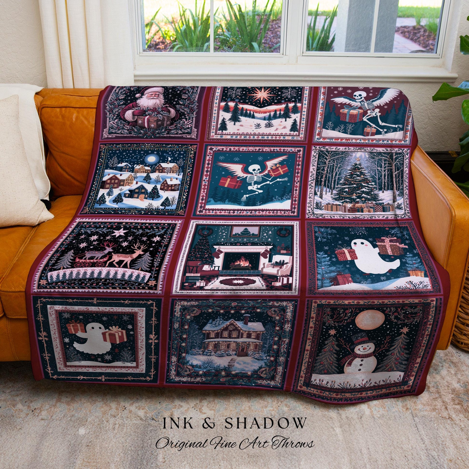 Cozy Witchy Christmas Throw Blanket | Retro Scandi Skeleton Jacquard Woven Whimsigoth Festive Winter Holiday Cottagecore Cute Ghost Decor |