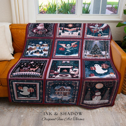 Cozy Witchy Christmas Throw Blanket | Retro Scandi Skeleton Jacquard Woven Whimsigoth Festive Winter Holiday Cottagecore Cute Ghost Decor |