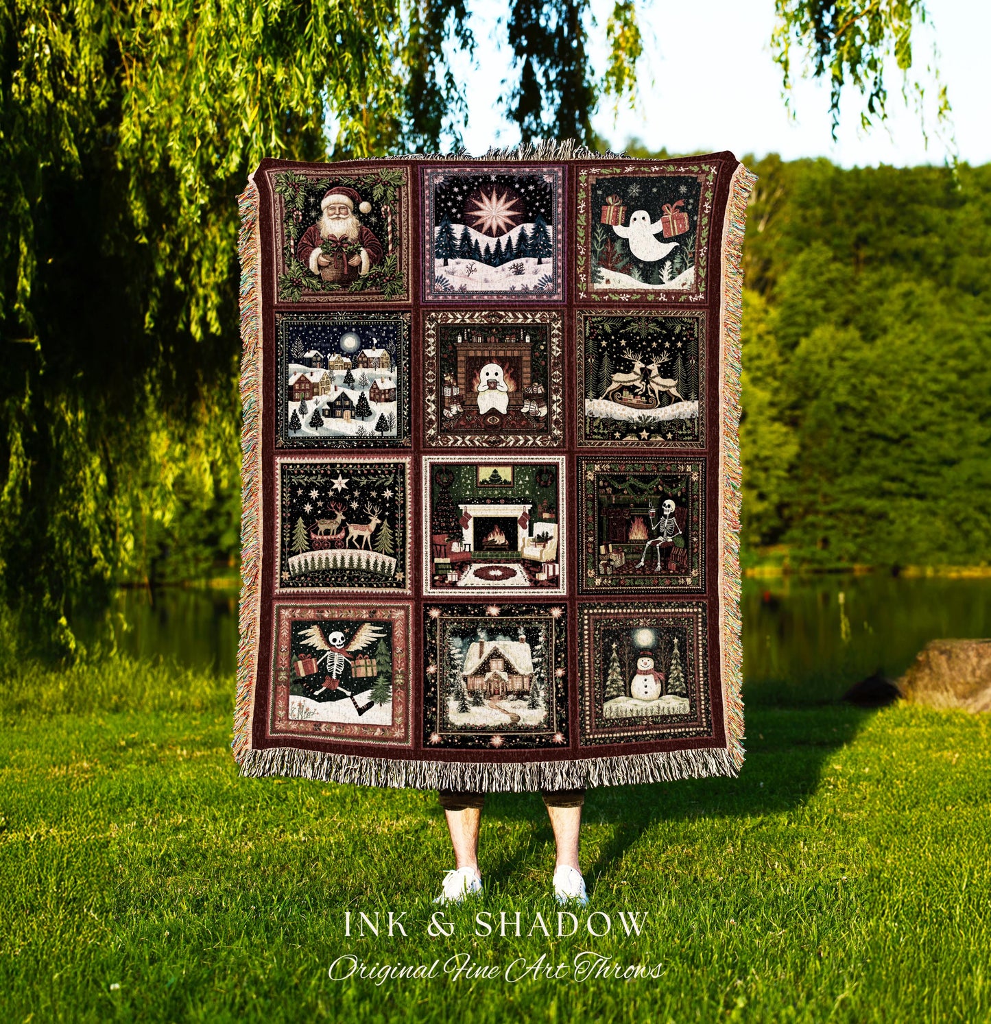 Winter Whimsy Ghost Wall Tapestry | Merry Gothmas Jacquard Woven Throw Cozy Seasonal Holiday Christmas Festive Cottagecore Whimsigoth Gift |