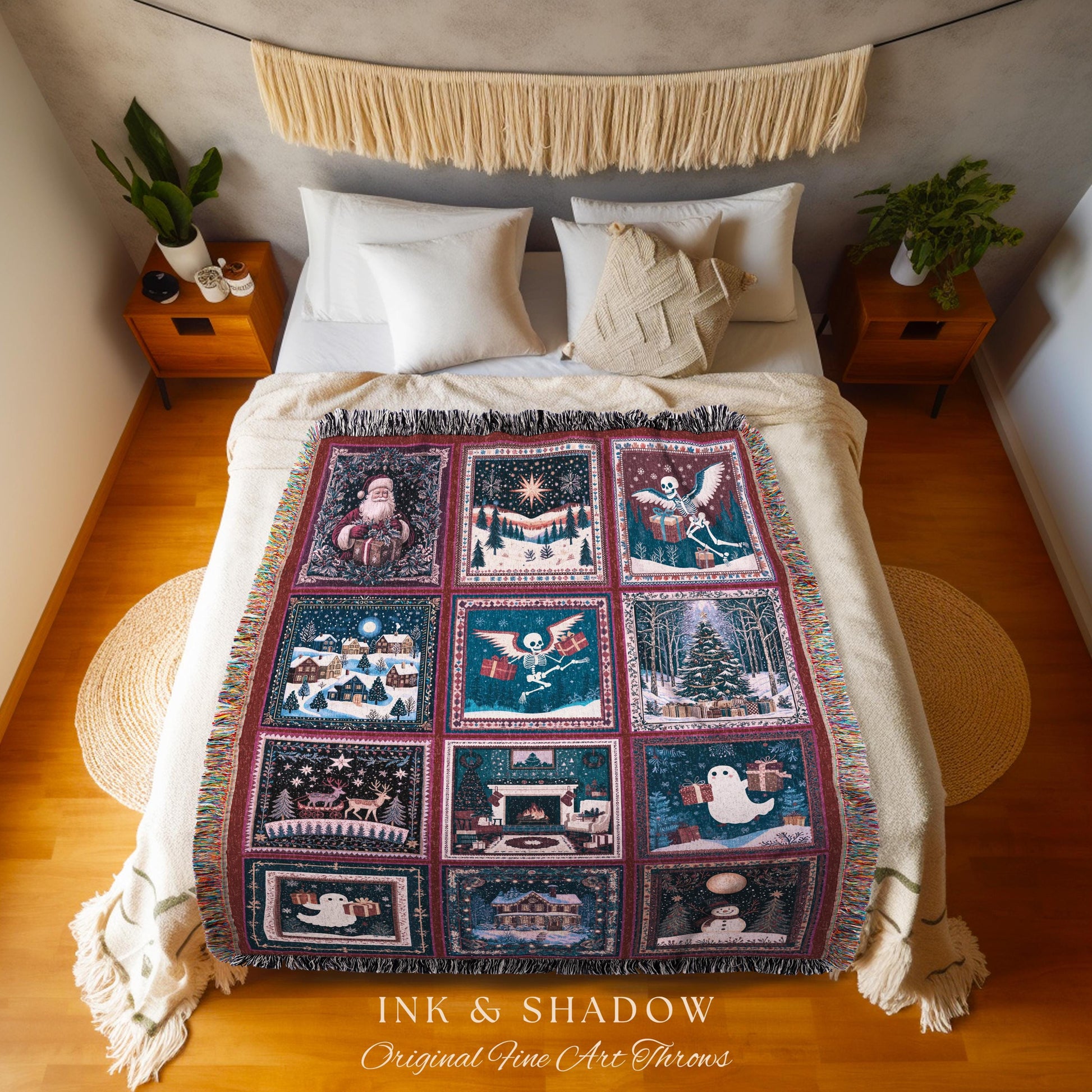 Cozy Witchy Christmas Throw Blanket | Retro Scandi Skeleton Jacquard Woven Whimsigoth Festive Winter Holiday Cottagecore Cute Ghost Decor |
