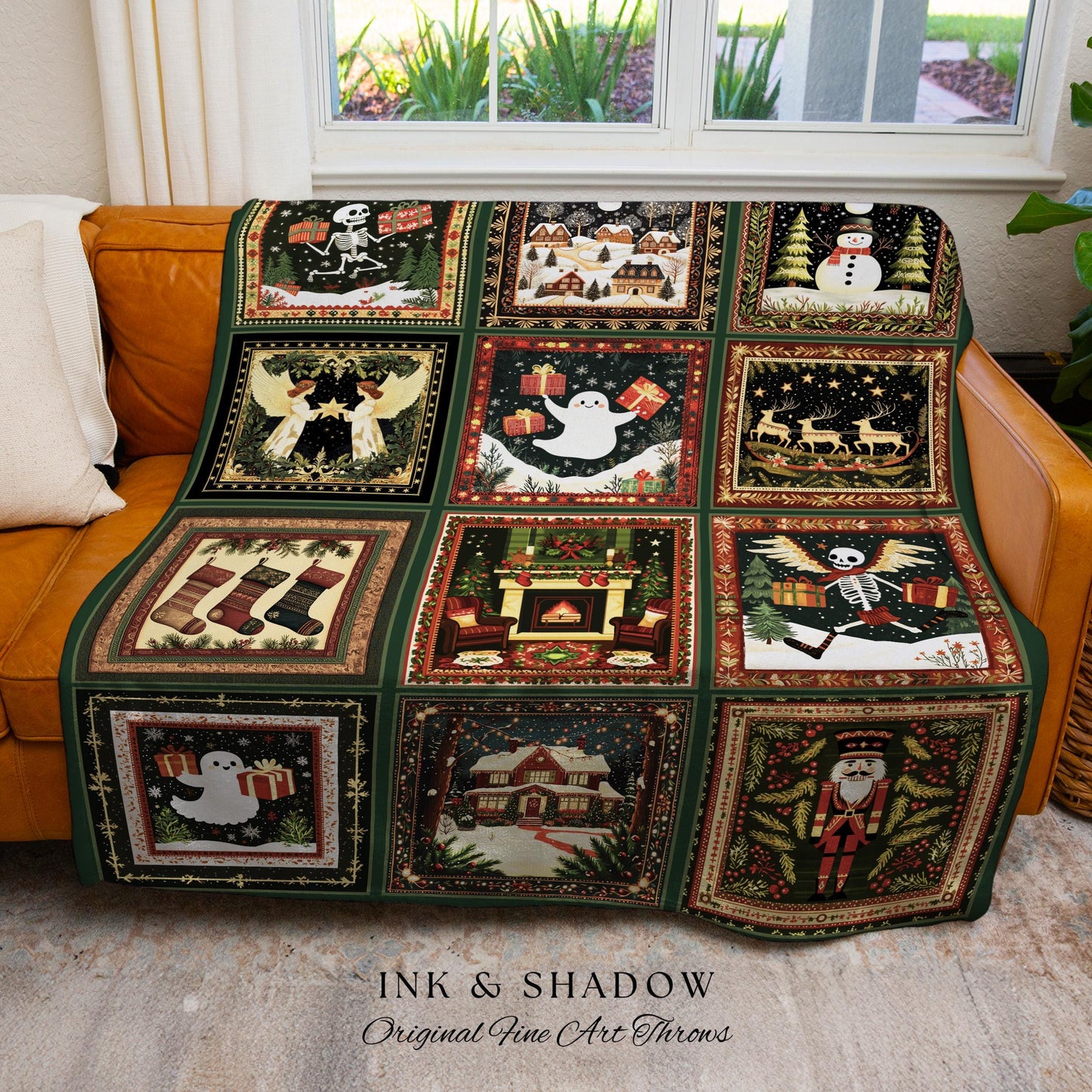 Retro Festive Skeleton Xmas Blanket | Merry Gothmas Christmas Season Cozy Seasonal Holiday Gift Cottagecore Ghost Winter Witchy Skeleton |
