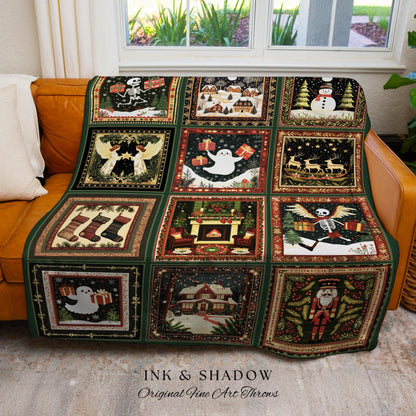 Retro Festive Skeleton Xmas Blanket | Merry Gothmas Christmas Season Cozy Seasonal Holiday Gift Cottagecore Ghost Winter Witchy Skeleton |