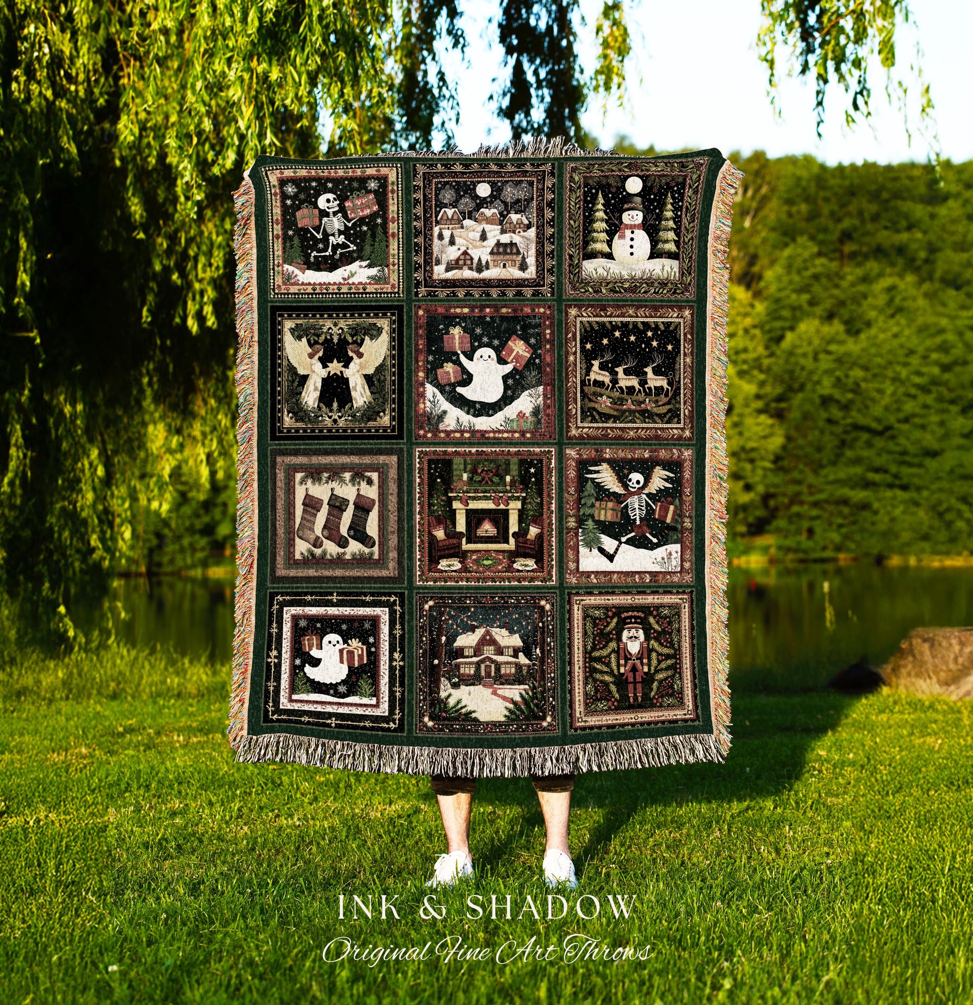 Retro Festive Skeleton Xmas Blanket | Merry Gothmas Christmas Season Cozy Seasonal Holiday Gift Cottagecore Ghost Winter Witchy Skeleton |