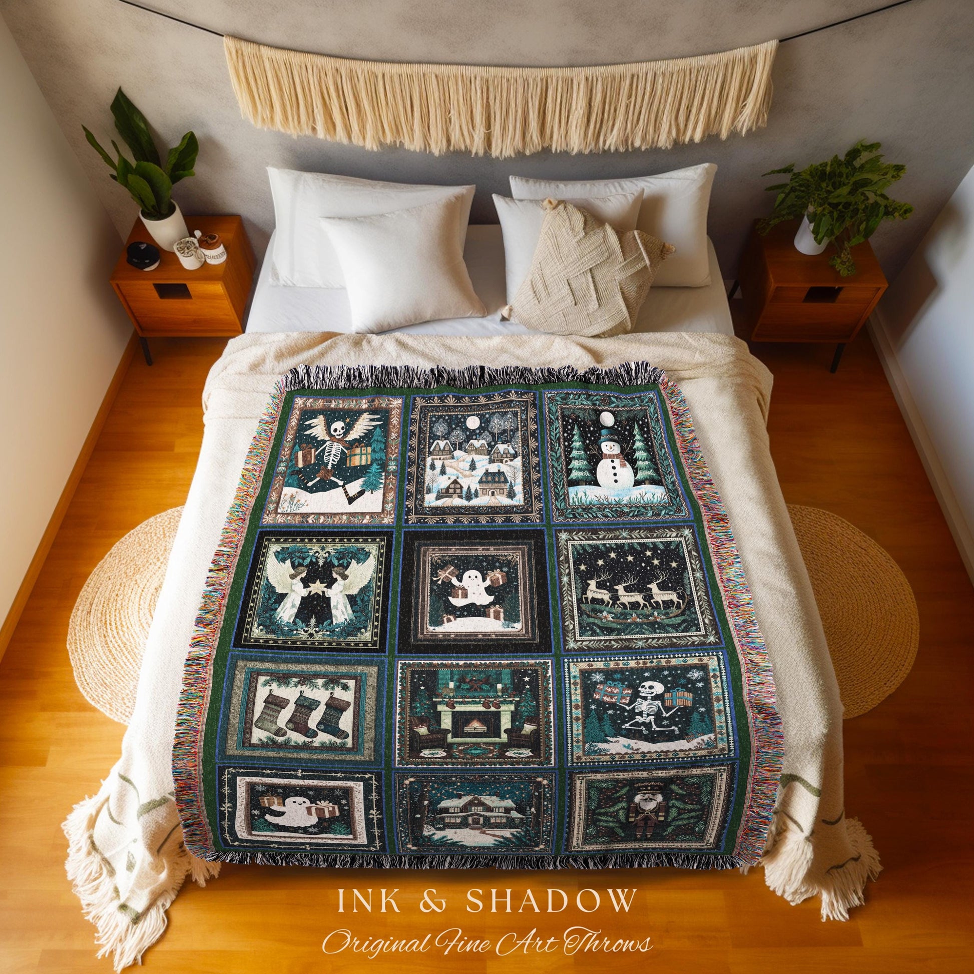 Spooky Christmas Style Throw Blanket | Cozy Jacquard Woven Tapestry Xmas Ghost Whimsigoth Winter Cottagecore Festive Cute Skeleton Decor |
