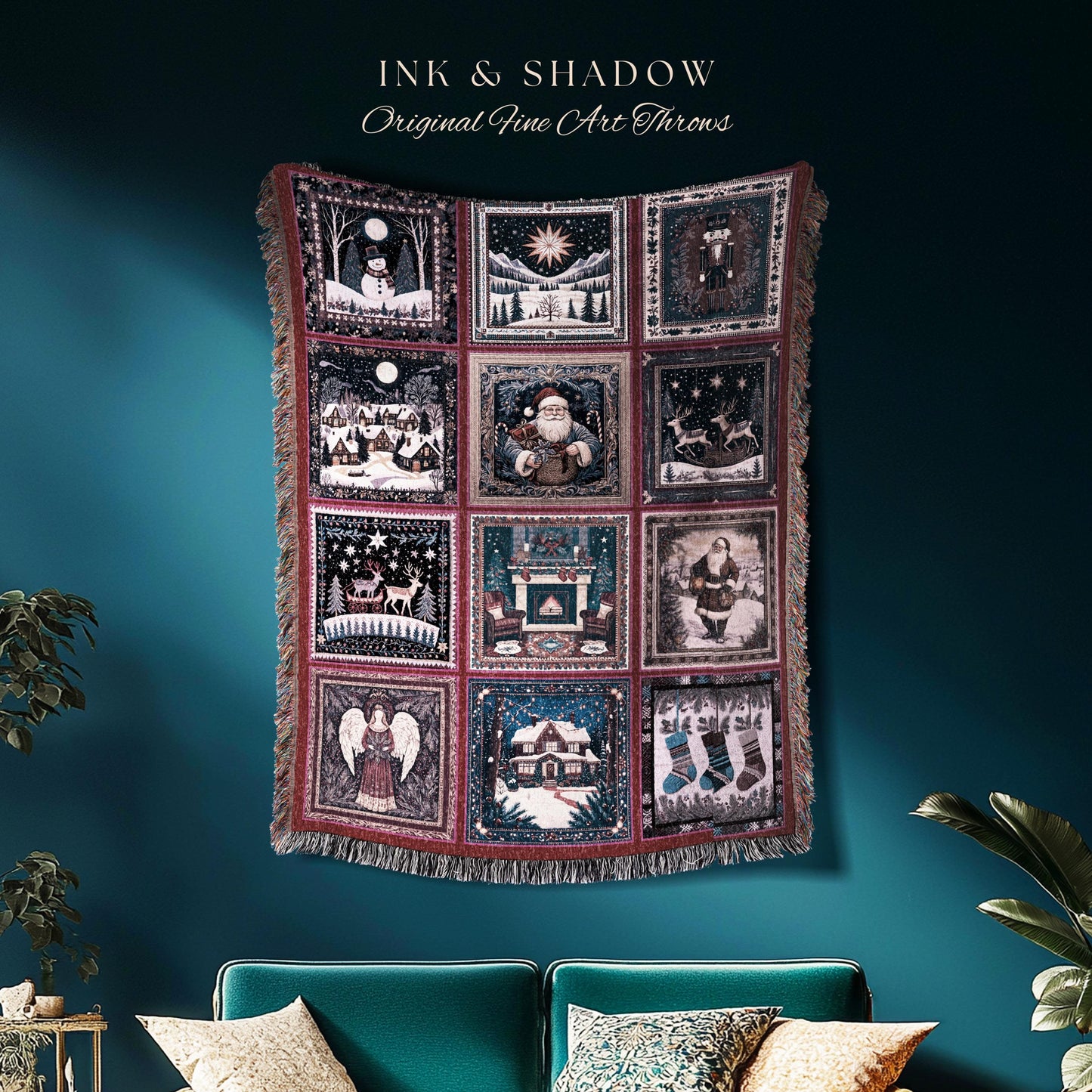 Whimsical Wonderland Christmas Woven Throw | Scandinavian Decor Holiday Blanket Home Accent Dark Academia Style Cozy Winter Nordic Rustic