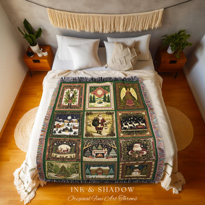 Retro Winter Whimsy Throw Blanket | Whimsical Scandinavian Aesthetic Boho Holiday Home Decor Cottagecore Xmas Cute Cozy Christmas Tapestry |