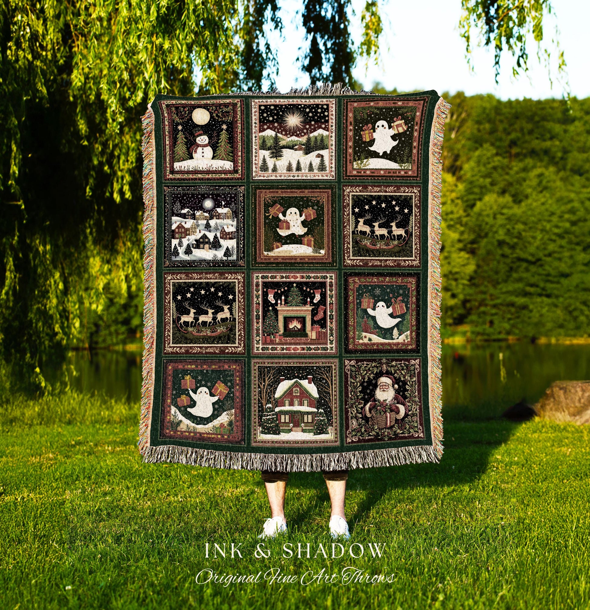 Festive Gothmas Witchy Throw Blanket | Whimsigoth Christmas Ghosts Woven Tapestry Cozy Seasonal Winter Cottagecore Holiday Christmas Gift |
