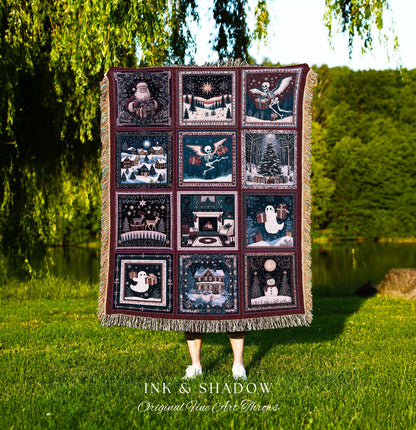Cozy Witchy Christmas Throw Blanket | Retro Scandi Skeleton Jacquard Woven Whimsigoth Festive Winter Holiday Cottagecore Cute Ghost Decor |