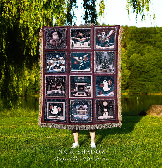Cozy Witchy Christmas Throw Blanket | Retro Scandi Skeleton Jacquard Woven Whimsigoth Festive Winter Holiday Cottagecore Cute Ghost Decor |