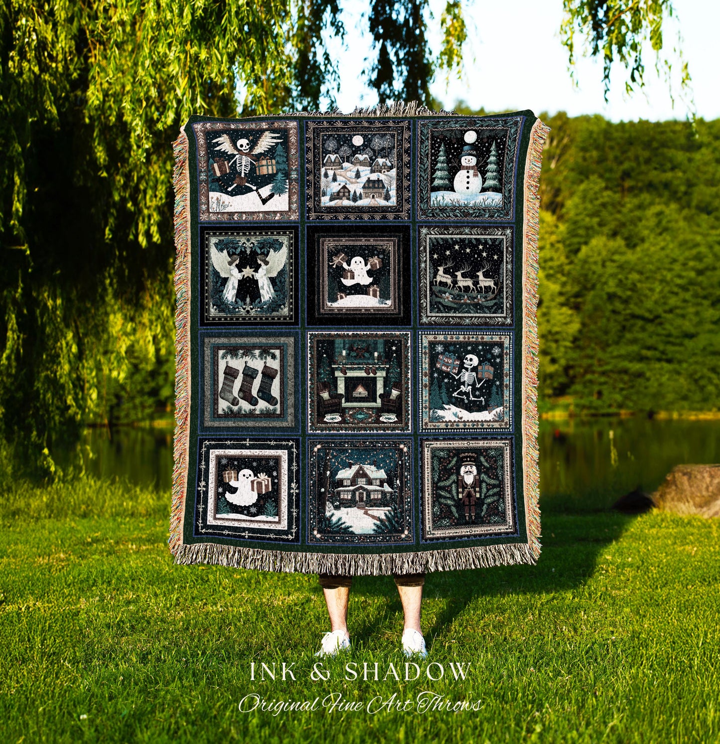 Spooky Christmas Style Throw Blanket | Cozy Jacquard Woven Tapestry Xmas Ghost Whimsigoth Winter Cottagecore Festive Cute Skeleton Decor |