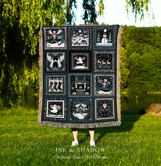 Spooky Christmas Style Throw Blanket | Cozy Jacquard Woven Tapestry Xmas Ghost Whimsigoth Winter Cottagecore Festive Cute Skeleton Decor |