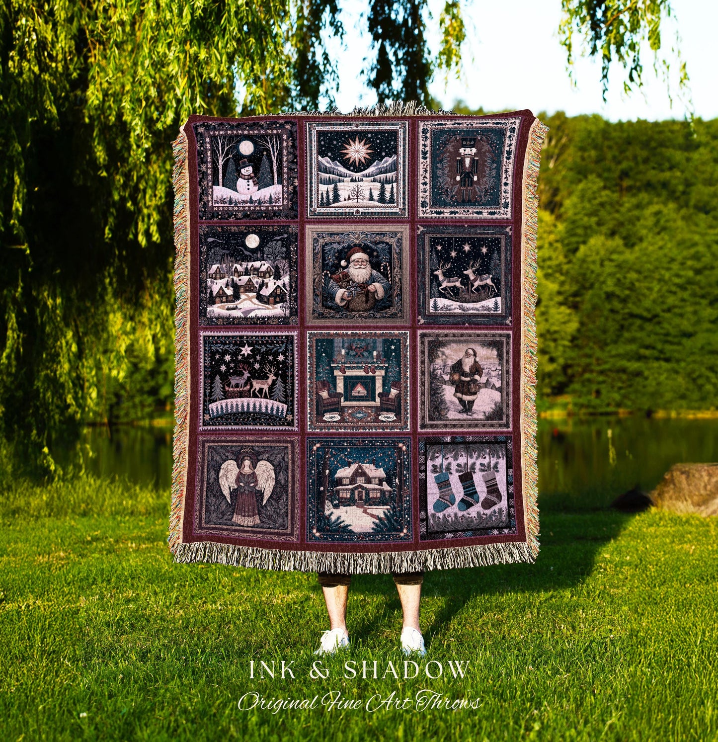Whimsical Wonderland Christmas Woven Throw | Scandinavian Decor Holiday Blanket Home Accent Dark Academia Style Cozy Winter Nordic Rustic