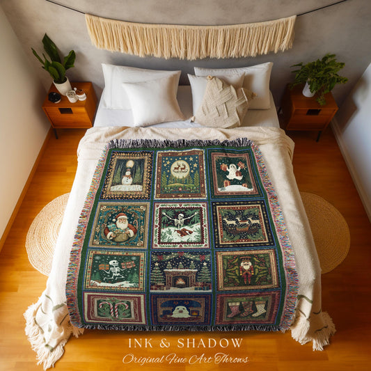 Skeletons & Spirits Christmas Blanket | Boho Goth Holiday Jacquard Woven Throw Cozy Seasonal Winter Festive Cottagecore Witchy Scandi Ghost