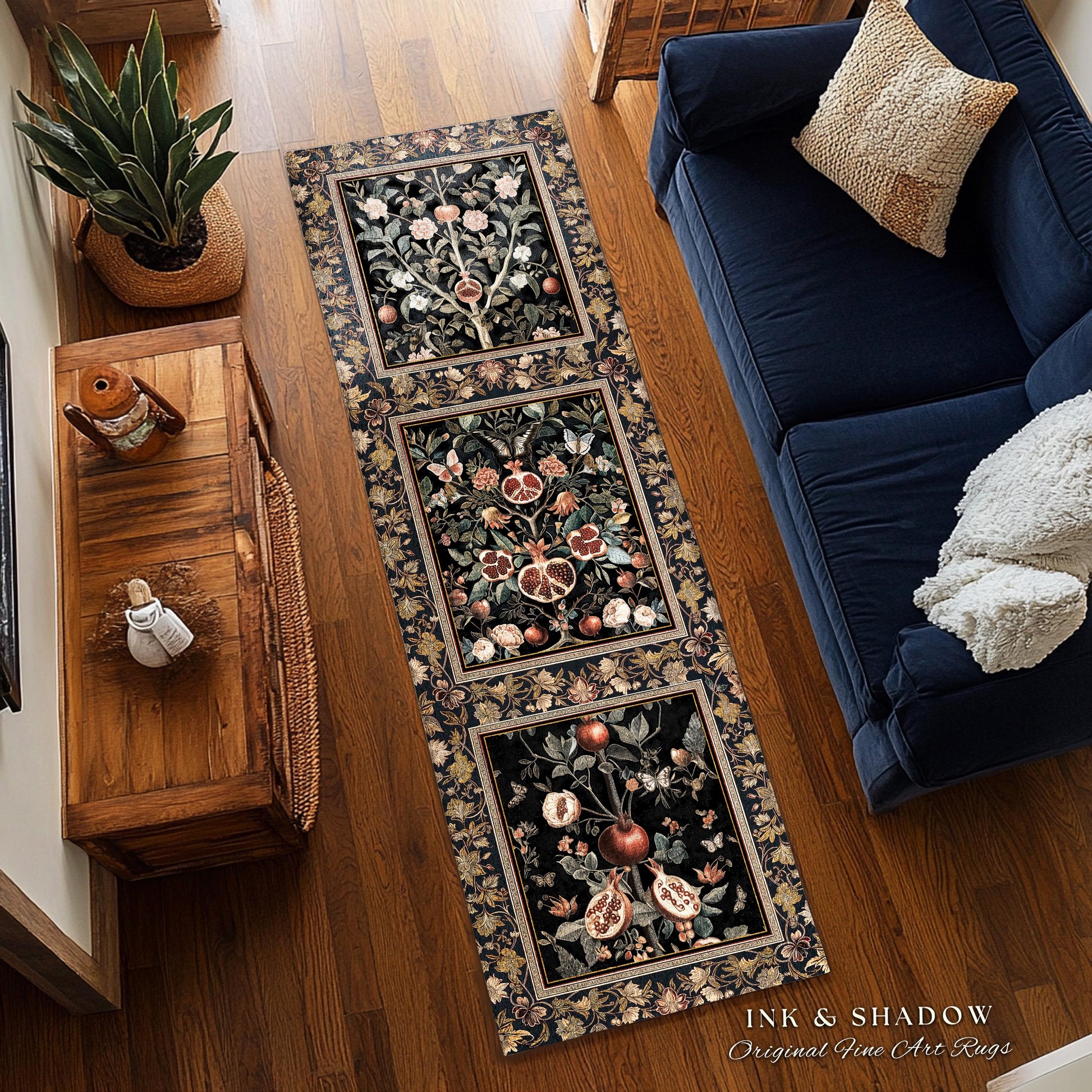Victorian Gothic Floral Pomegranate Rug Dark Botanical Vintage Aesthetic Decor | Enchanted Forest Butterfly Moth Woodland Wildflower Art
