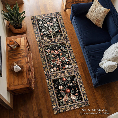 Victorian Gothic Floral Pomegranate Rug Dark Botanical Vintage Aesthetic Decor | Enchanted Forest Butterfly Moth Woodland Wildflower Art