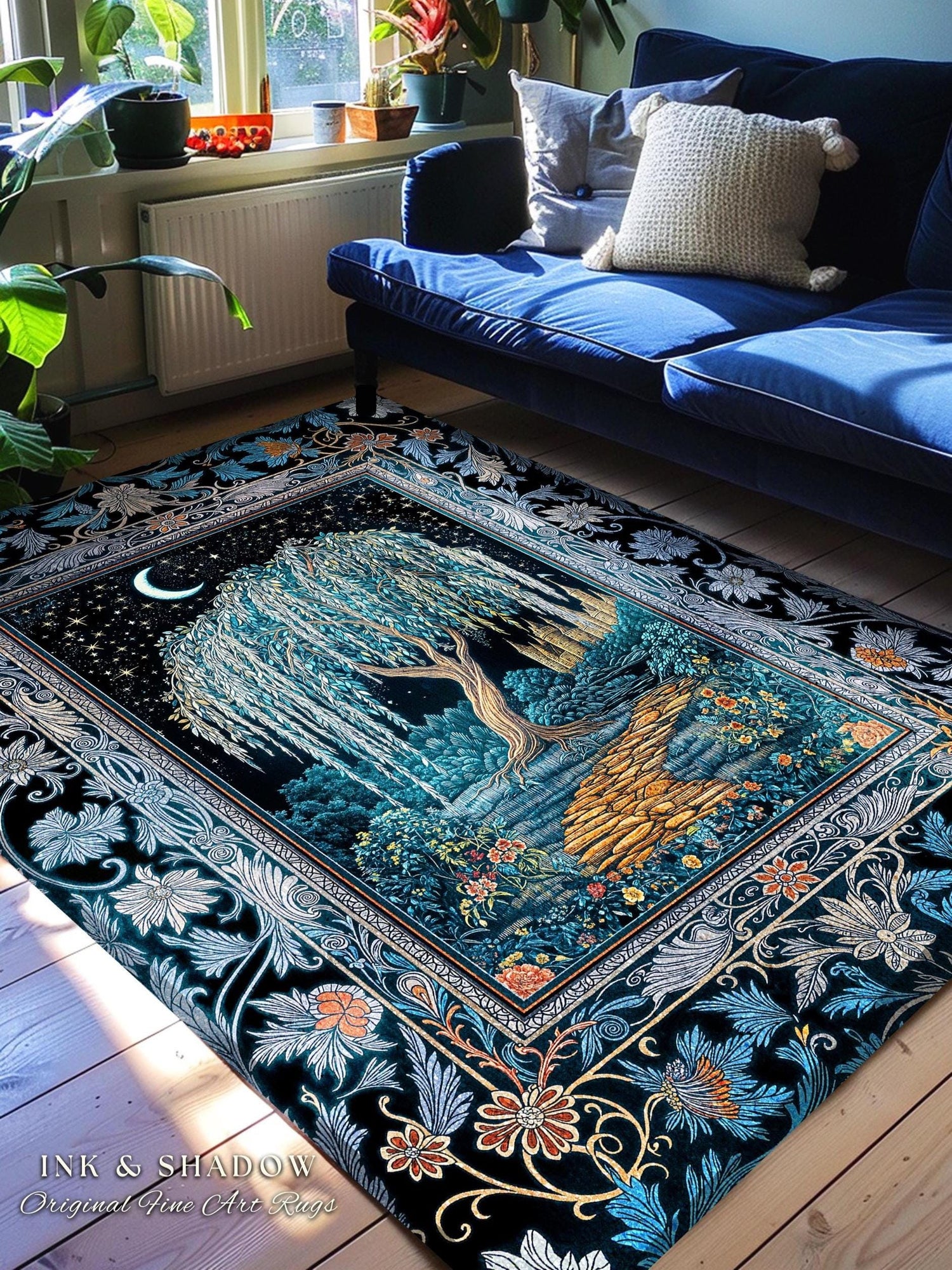 Crescent Moon Medieval Forest Rug | Weeping Willow Tree Fairytale Castle Garden Folklore Decor Celestial Home Accent Witchcore Aesthetic