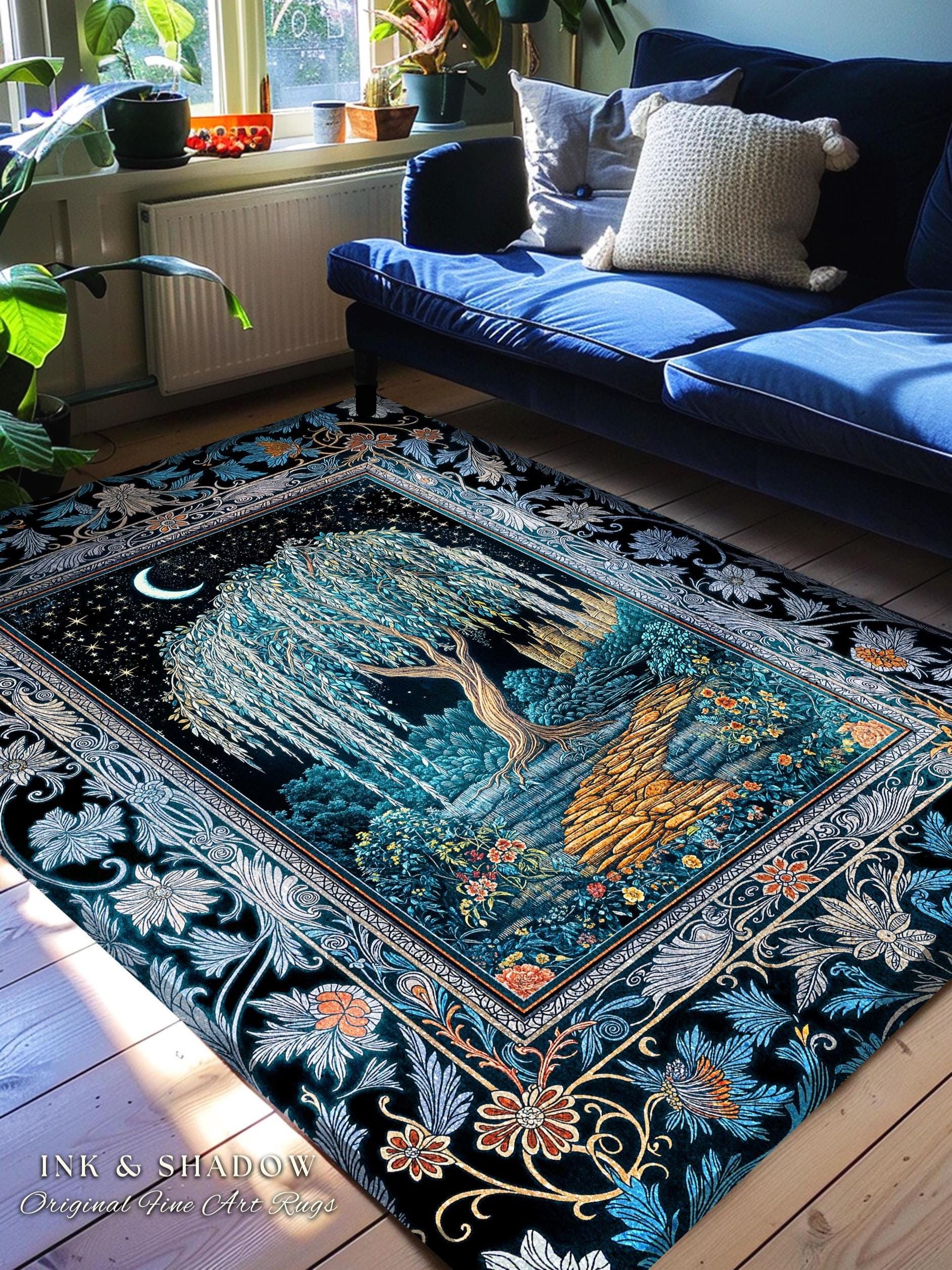 Crescent Moon Medieval Forest Rug | Weeping Willow Tree Fairytale Castle Garden Folklore Decor Celestial Home Accent Witchcore Aesthetic