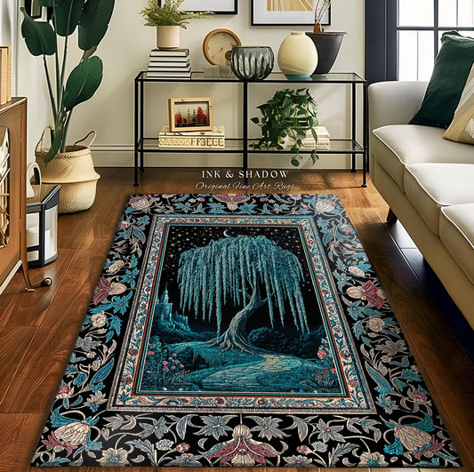May include: A black and teal area rug with a floral border. The center of the rug features a willow tree with a crescent moon in the background. The rug has the text &#39;Ink & Shadow Original Fine Art Rugs&#39; in the top center.