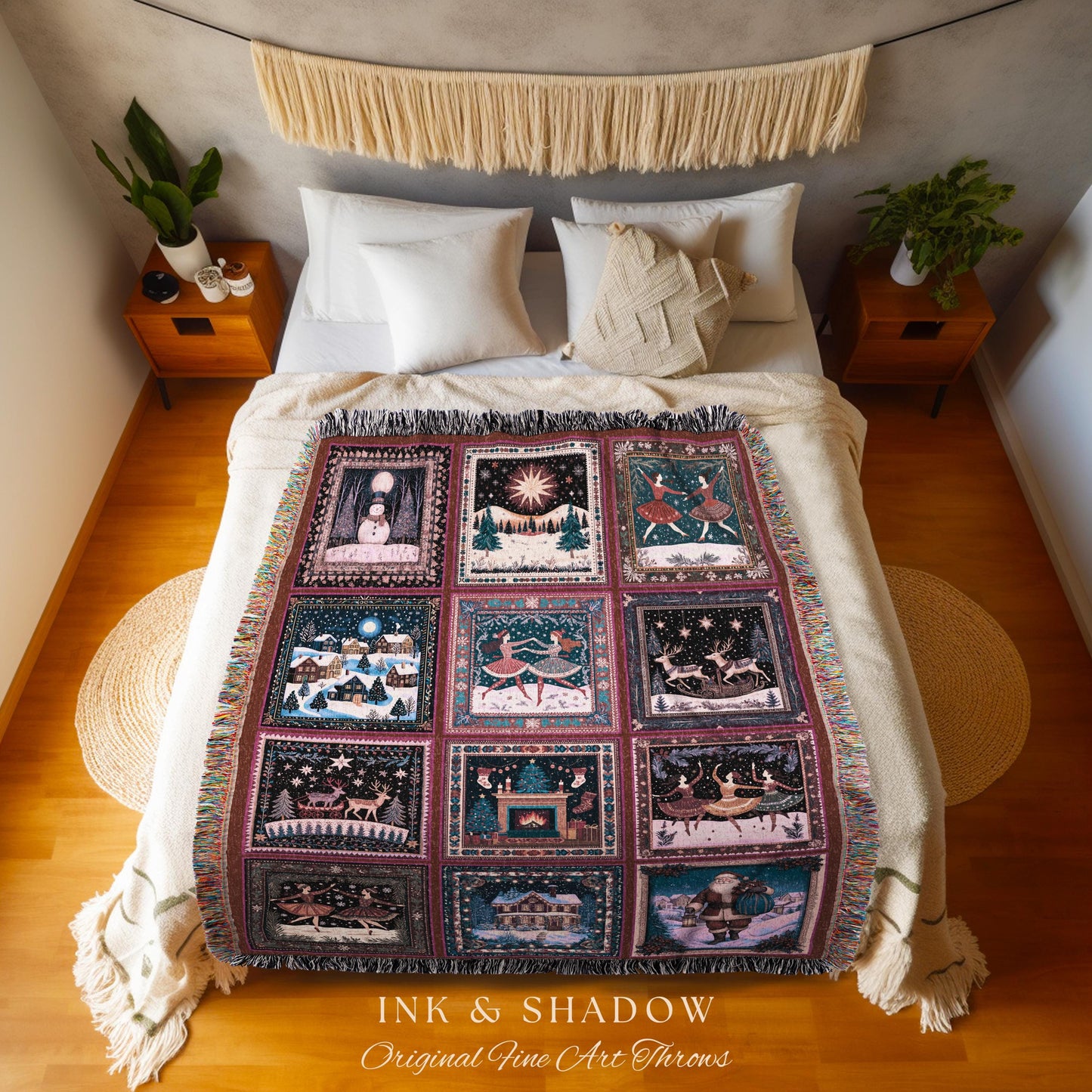 Frosted Winter Wonderland Blanket | Scandi Christmas Ballet Festive Woven Throw Cute Christmas Village Nordic Aesthetic Home Decor Accent |