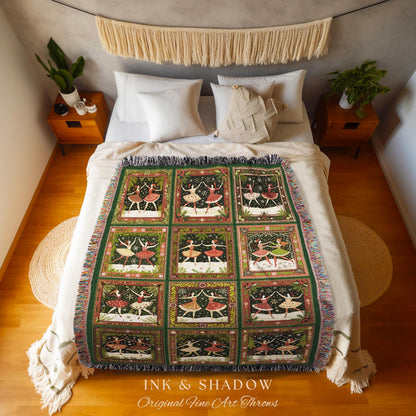 Folk Art Festive Winter Holiday Ballet Dancers Woven Tapestry Throw | Cozy Cottagecore Blanket Whimsical Christmas Nostalgic Home Decor Gift