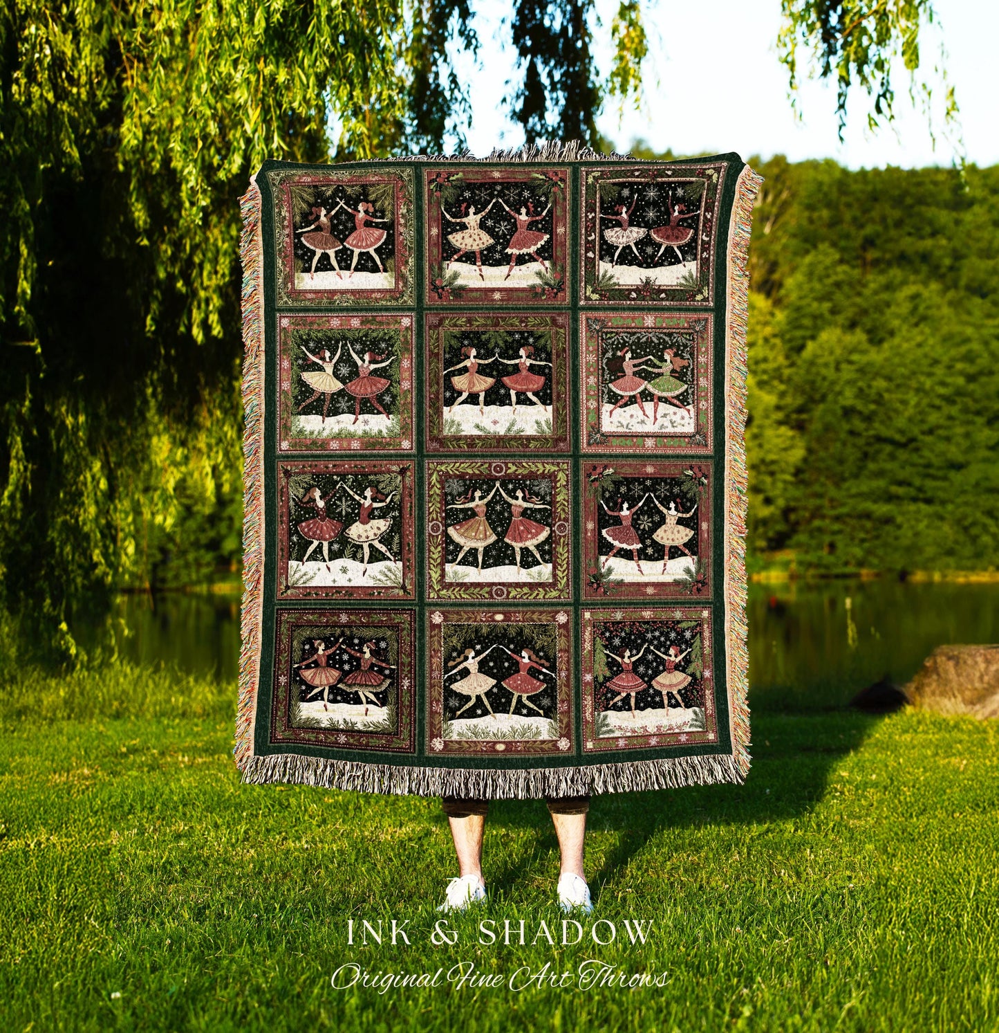 Folk Art Festive Winter Holiday Ballet Dancers Woven Tapestry Throw | Cozy Cottagecore Blanket Whimsical Christmas Nostalgic Home Decor Gift
