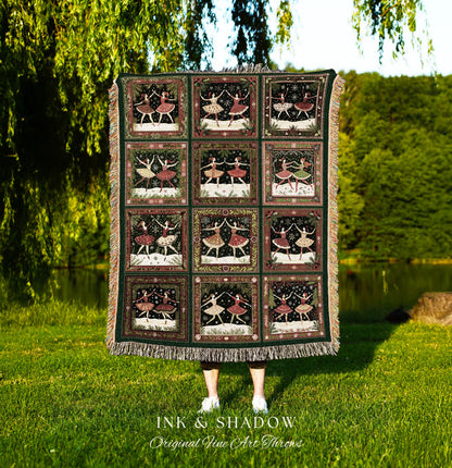 Folk Art Festive Winter Holiday Ballet Dancers Woven Tapestry Throw | Cozy Cottagecore Blanket Whimsical Christmas Nostalgic Home Decor Gift
