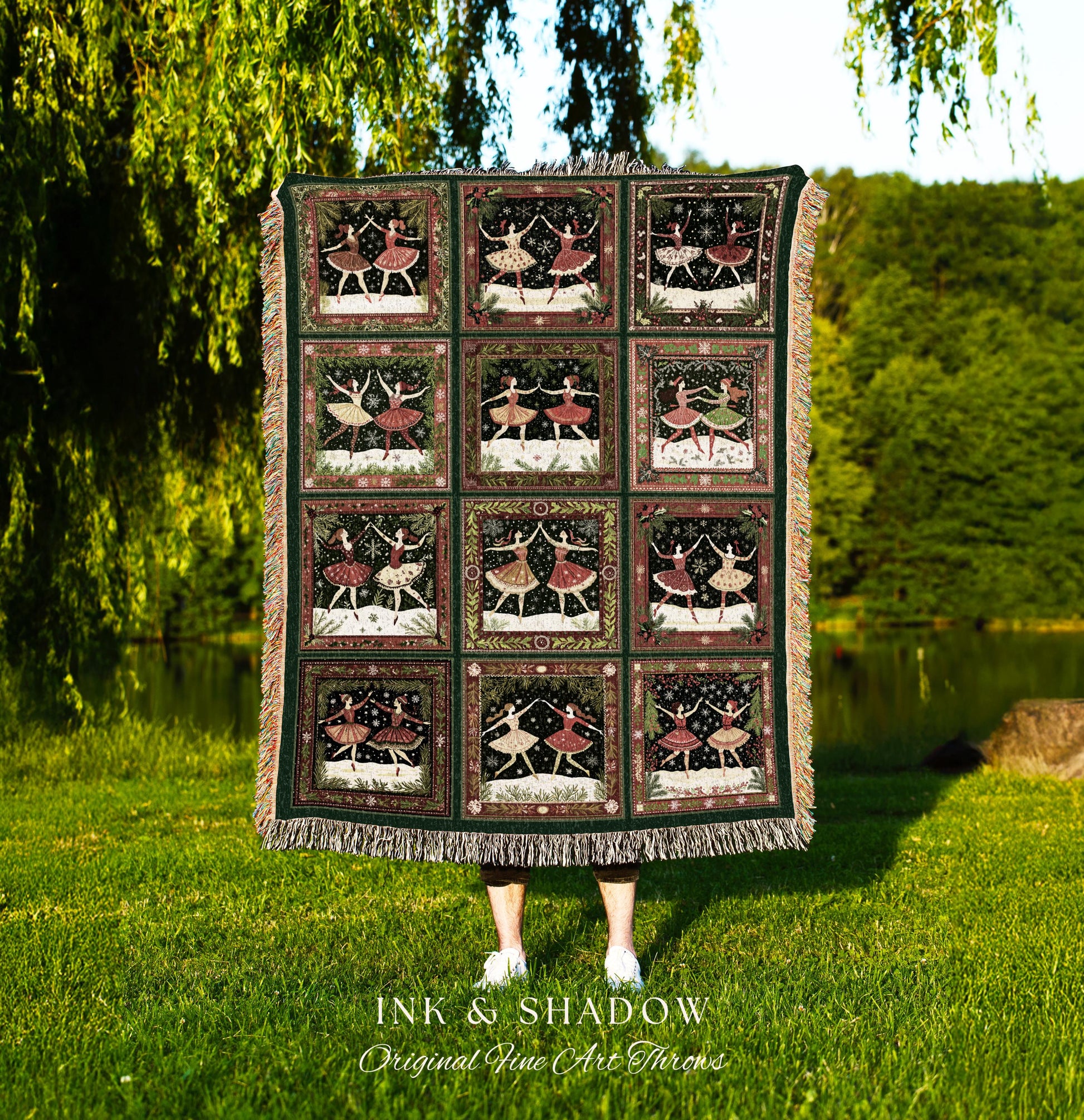 Folk Art Festive Winter Holiday Ballet Dancers Woven Tapestry Throw | Cozy Cottagecore Blanket Whimsical Christmas Nostalgic Home Decor Gift