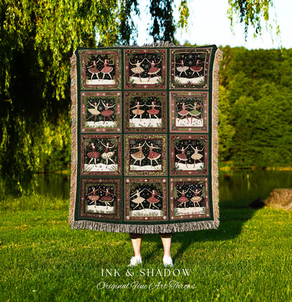 Folk Art Festive Winter Holiday Ballet Dancers Woven Tapestry Throw | Cozy Cottagecore Blanket Whimsical Christmas Nostalgic Home Decor Gift