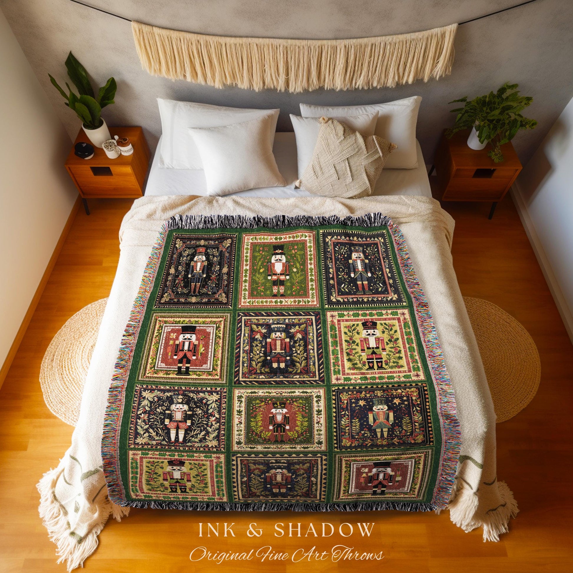 Nostalgic Nutcracker Cozy Throw Blanket | Cozy Winter Farmhouse Home Decor Scandinavian Aesthetic Hygge Boho Woven Tapestry Muted Festive |