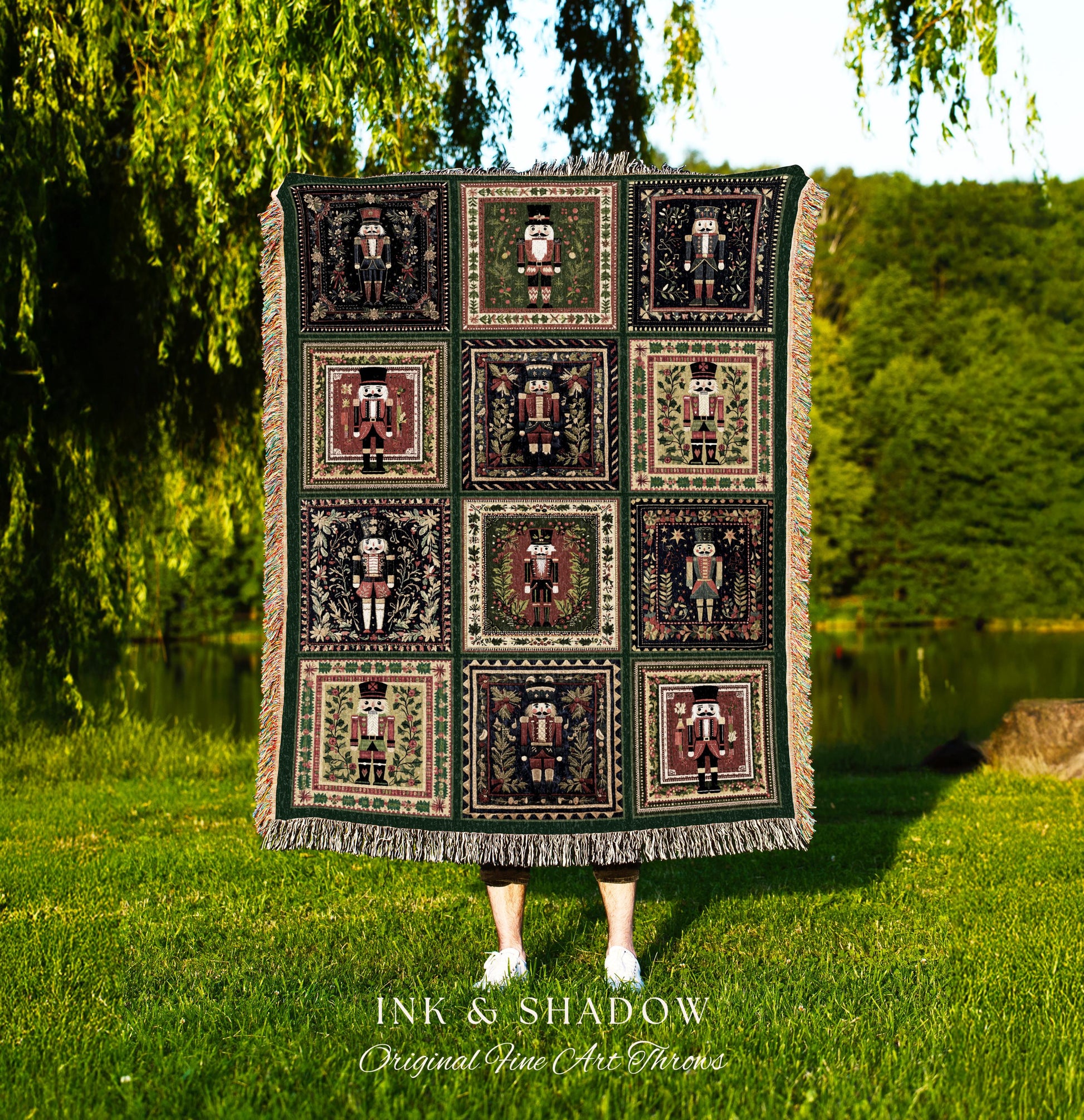 Nostalgic Nutcracker Cozy Throw Blanket | Cozy Winter Farmhouse Home Decor Scandinavian Aesthetic Hygge Boho Woven Tapestry Muted Festive |