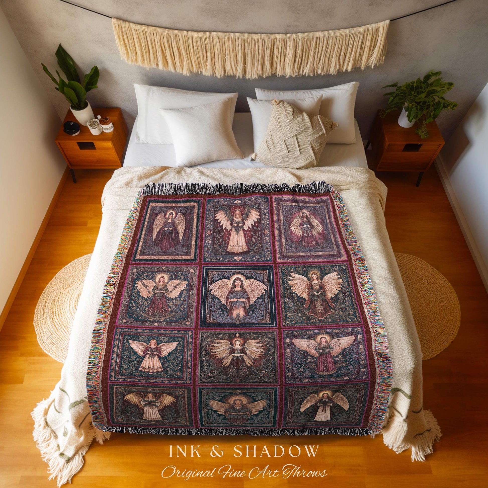 Pastel Angels Celestial Woven Throw | Cute Festive Angelic Aesthetic Holy Spirits Muted Boho Scandinavian Decorative Wall Tapestry Eclectic