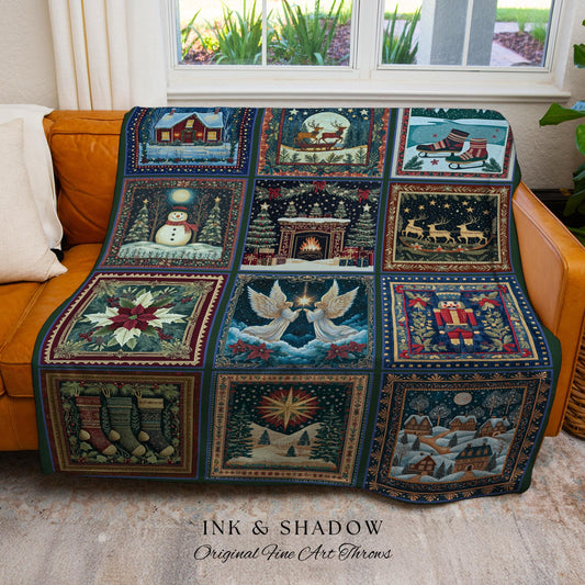Whimsical Winter Wonderland Festive Holiday Blanket | Storybook Christmas Patchwork Nostalgic Tapestry Woven Throw Cozy Seasonal Home Decor