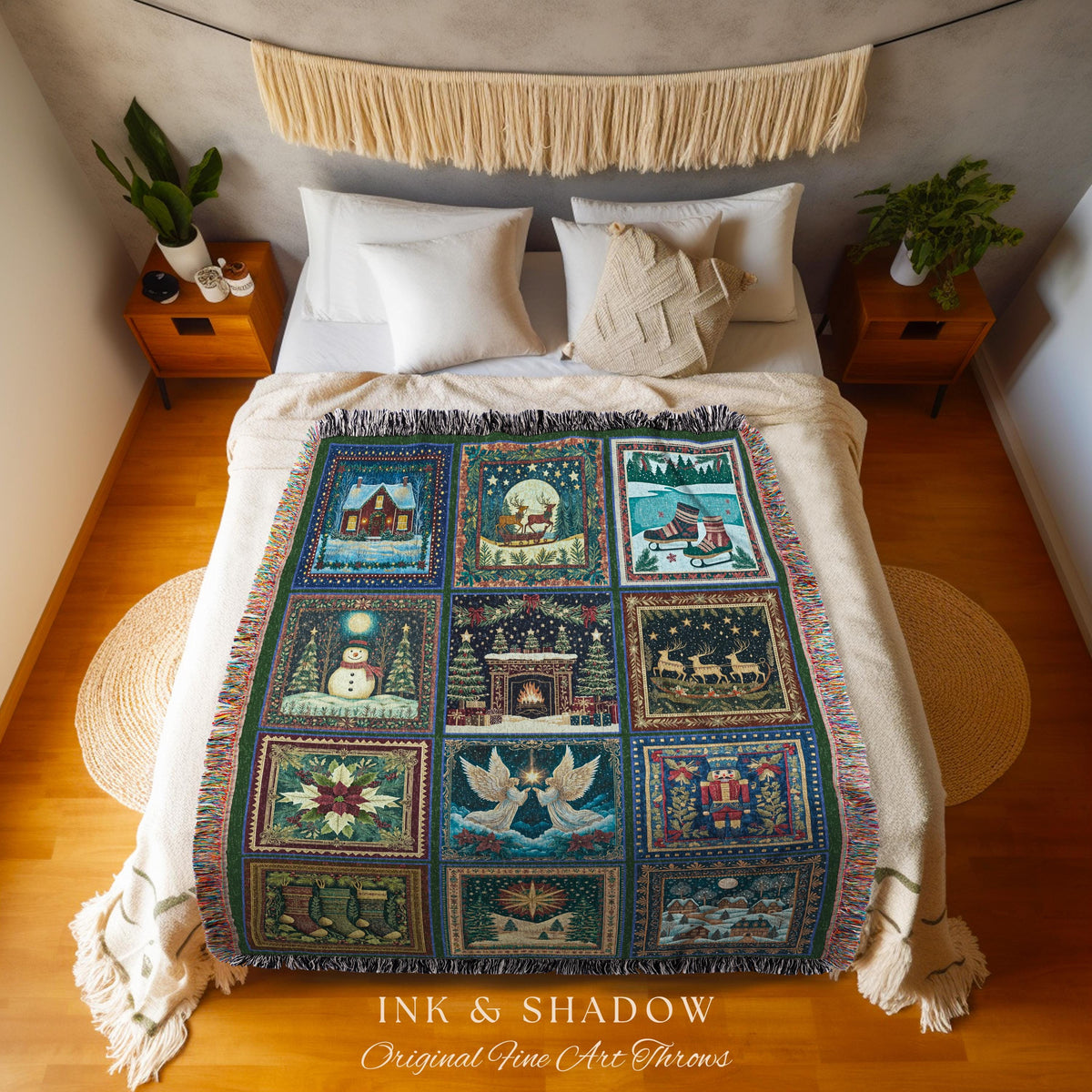 Whimsical Winter Wonderland Festive Holiday Blanket | Storybook Christmas Patchwork Nostalgic Tapestry Woven Throw Cozy Seasonal Home Decor