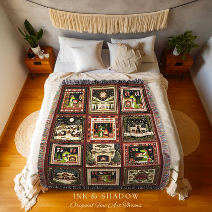 Cute Festive Charm Throw Blanket | Eclectic Boho Dragon Woven Tapestry Cottagecore Holiday Home Decor North Star Whimsical Style Accent |