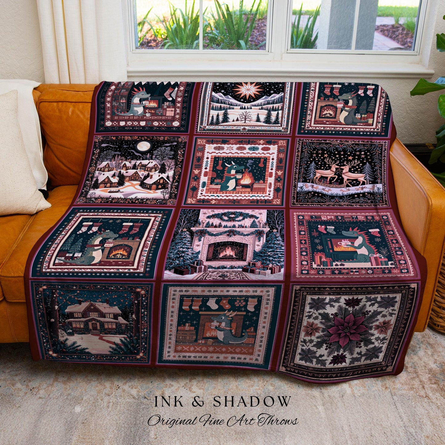 Cozy Cute Holiday Dragon Blanket | Whimsical Home Decor Festive Aesthetic Boho Cottagecore Reindeer Purple Patchwork Throw Nostalgic Style |