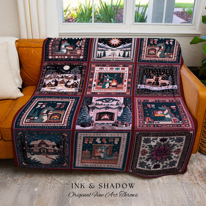 Cozy Cute Holiday Dragon Blanket | Whimsical Home Decor Festive Aesthetic Boho Cottagecore Reindeer Purple Patchwork Throw Nostalgic Style |