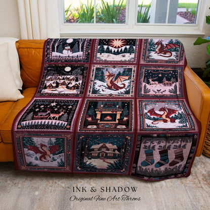 Winter Dragon Whimsical Woven Blanket | Whimsical Christmas Cottagecore Boho Cozy Patchwork Nostalgic Festive Tapestry Seasonal Accent Cute