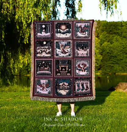 Winter Dragon Whimsical Woven Blanket | Whimsical Christmas Cottagecore Boho Cozy Patchwork Nostalgic Festive Tapestry Seasonal Accent Cute