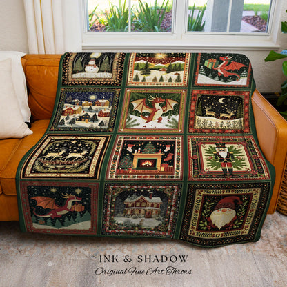 Boho Holiday Dragon Woven Tapestry | Cozy Cottagecore Christmas Throw Blanket Eclectic Whimsy Seasonal Festive Nostalgic Home Decor Accent |