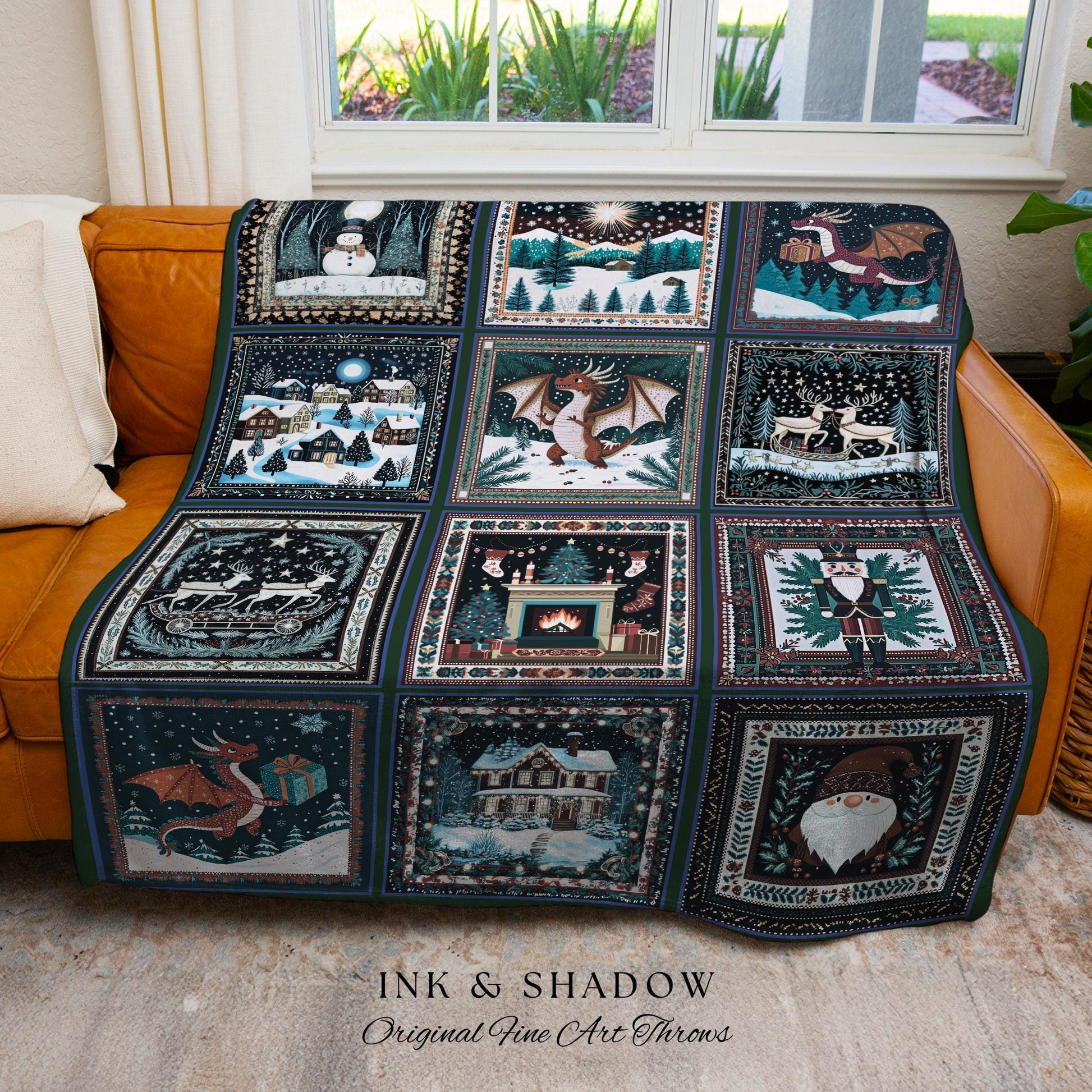 Cozy Winter Night Dragon Throw Blanket | Eclectic Holiday Cottagecore Festive Aesthetic Boho Nostalgic Reindeer Woven Tapestry Xmas Accent |