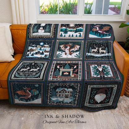 Cozy Winter Night Dragon Throw Blanket | Eclectic Holiday Cottagecore Festive Aesthetic Boho Nostalgic Reindeer Woven Tapestry Xmas Accent |