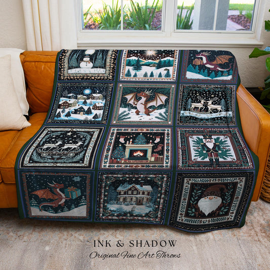 Cozy Winter Night Dragon Throw Blanket | Eclectic Holiday Cottagecore Festive Aesthetic Boho Nostalgic Reindeer Woven Tapestry Xmas Accent |