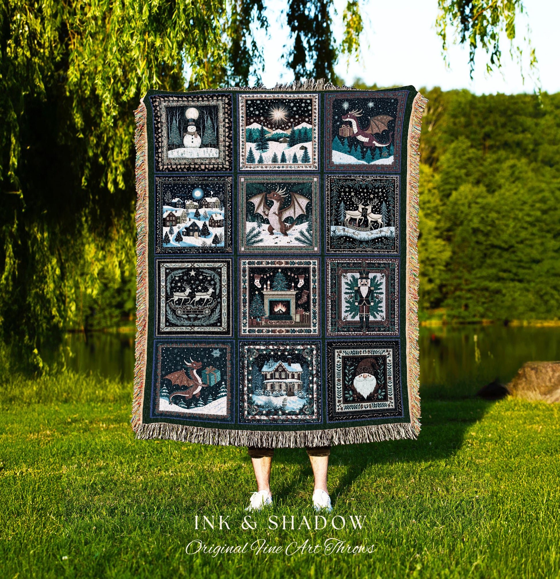 Cozy Winter Night Dragon Throw Blanket | Eclectic Holiday Cottagecore Festive Aesthetic Boho Nostalgic Reindeer Woven Tapestry Xmas Accent |