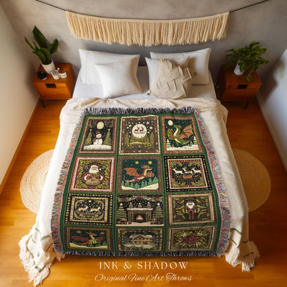 Jolly Dragon Woven Festive Blanket | Cottagecore Holiday Nostalgic Cozy Whimsical Seasonal Christmas Eclectic Reindeer Woven Tapestry Throw