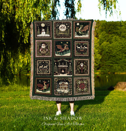 Jolly Dragon Woven Festive Blanket | Cottagecore Holiday Nostalgic Cozy Whimsical Seasonal Christmas Eclectic Reindeer Woven Tapestry Throw