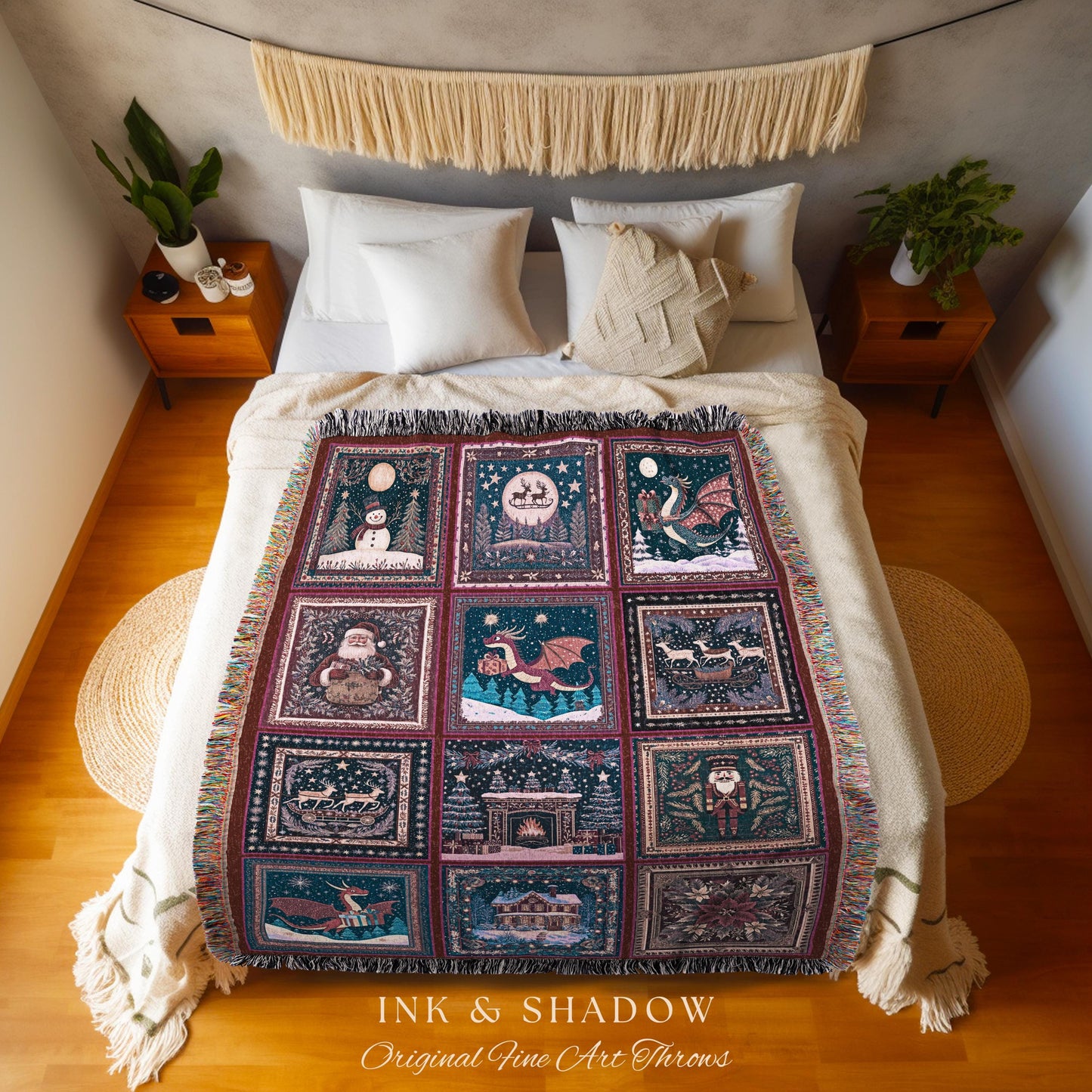 Sugarplum Dragon Whimsical Woven Blanket | Festive Nostalgic Cozy Cute Christmas Whimsical Seasonal Boho Holiday Tapestry Winter Home Accent