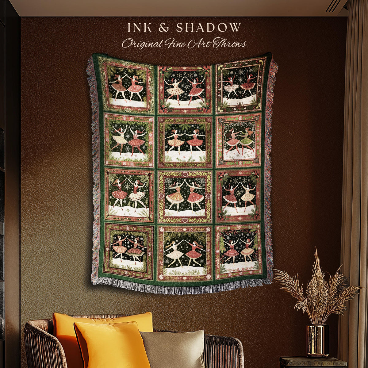 Folk Art Festive Winter Holiday Ballet Dancers Woven Tapestry Throw | Cozy Cottagecore Blanket Whimsical Christmas Nostalgic Home Decor Gift